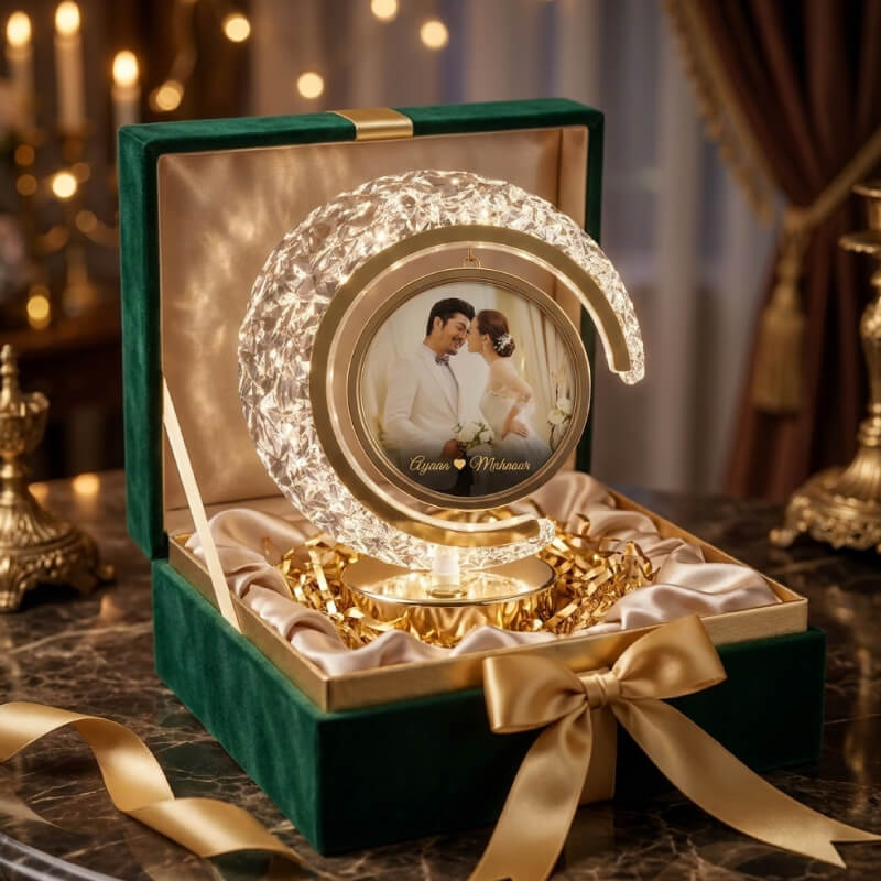 3D Moon Lamp with Custom Photo and Message on Wooden Stand