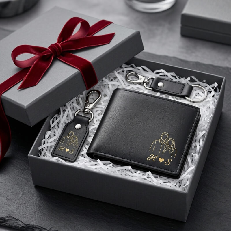 Custom Engraved Leather Wallet and Keychain Combo Gift Box Pakistan