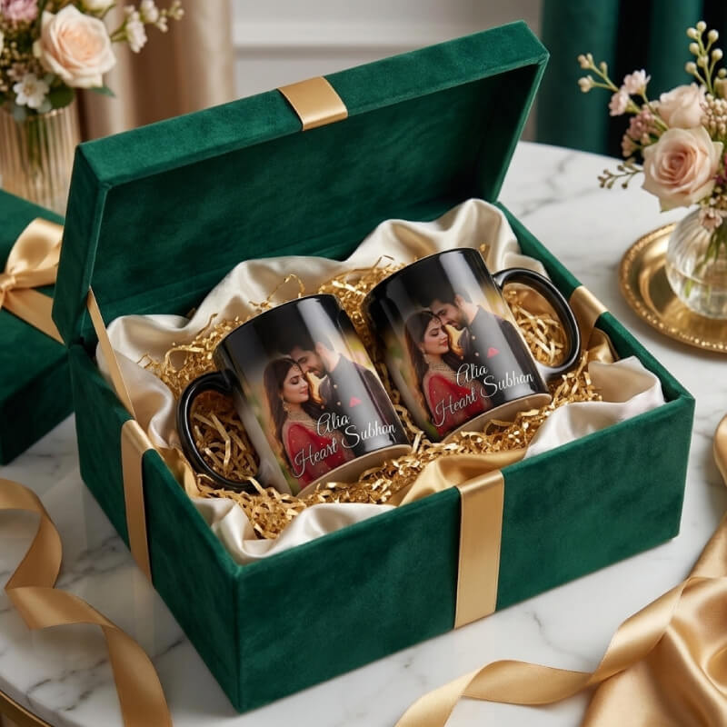 Custom Magic Mugs Anniversary Couple Gift on Table