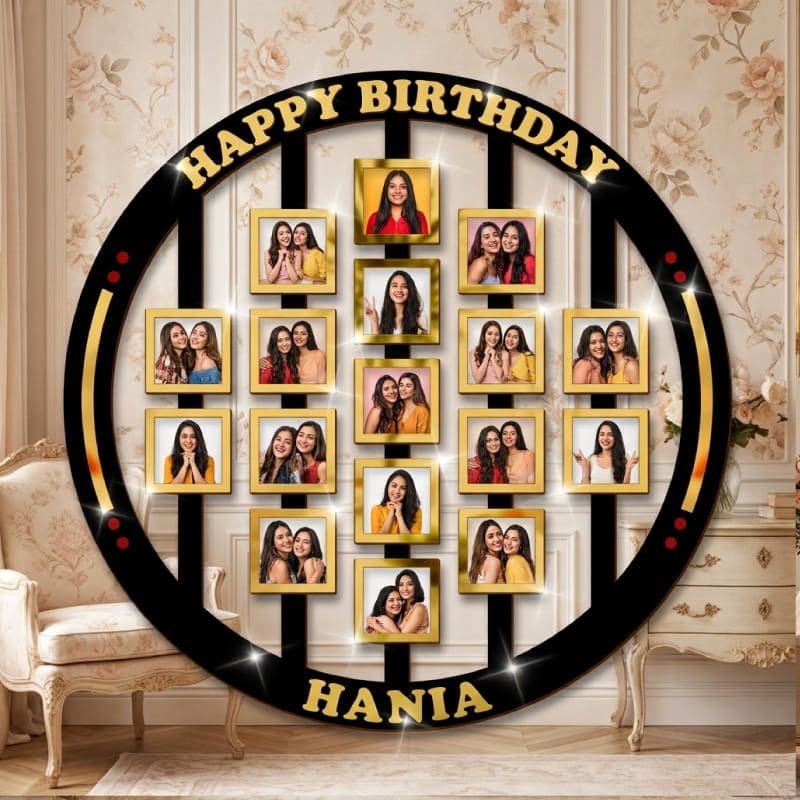 Customized round multi photo collage wall frame with name birthday gift