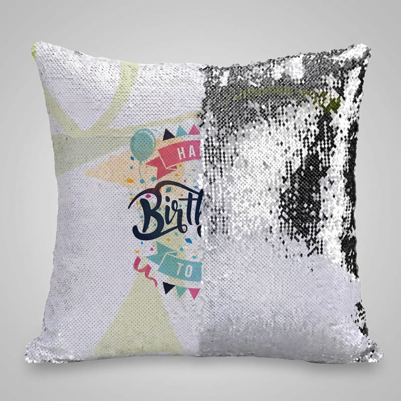 Personalized magic pillow with half reversible sequin reveal view