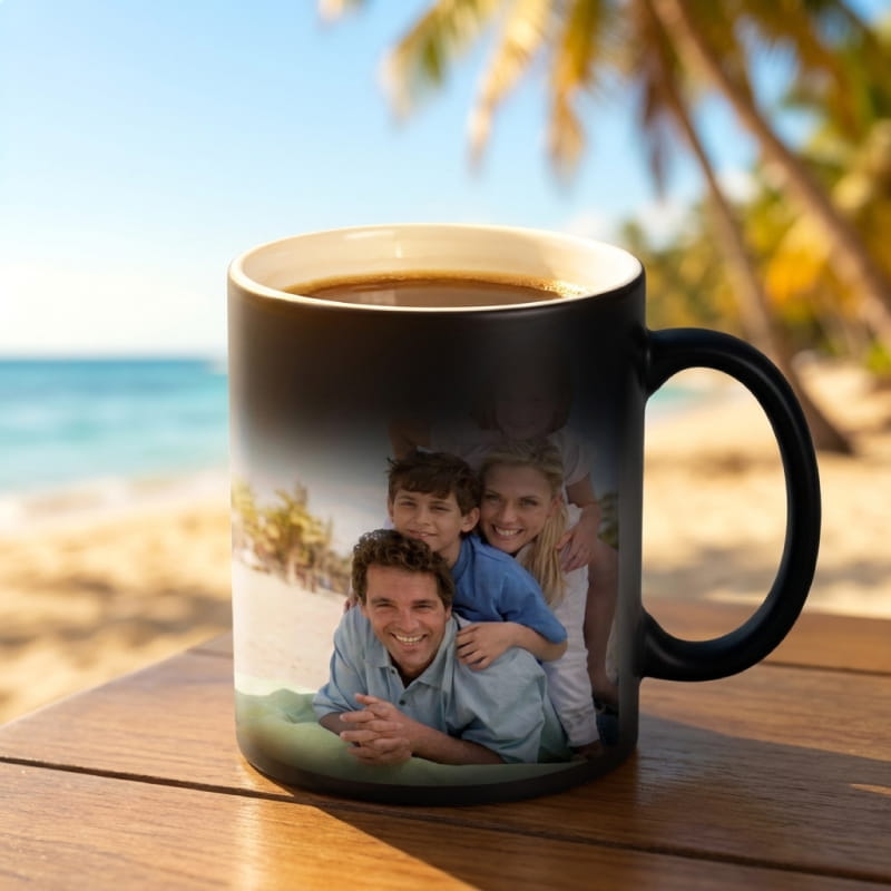 Personalized photo print revealed on magic mug