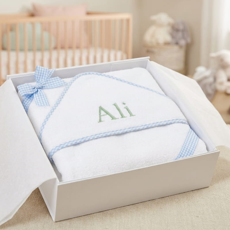 Close up of Custom Baby Name Embroidery on Bathrobe