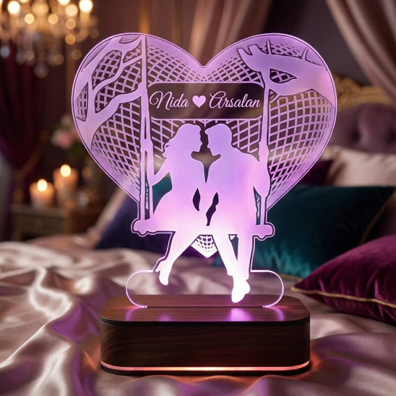 Personalized Couple Name Light on Wooden Base Room View
