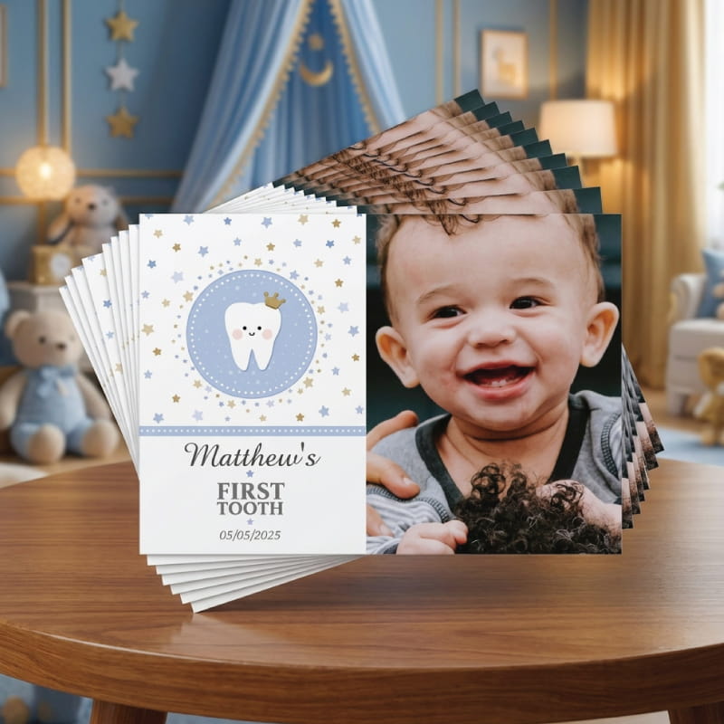 Close up of Personalized Baby First Tooth Milestone Favor Card