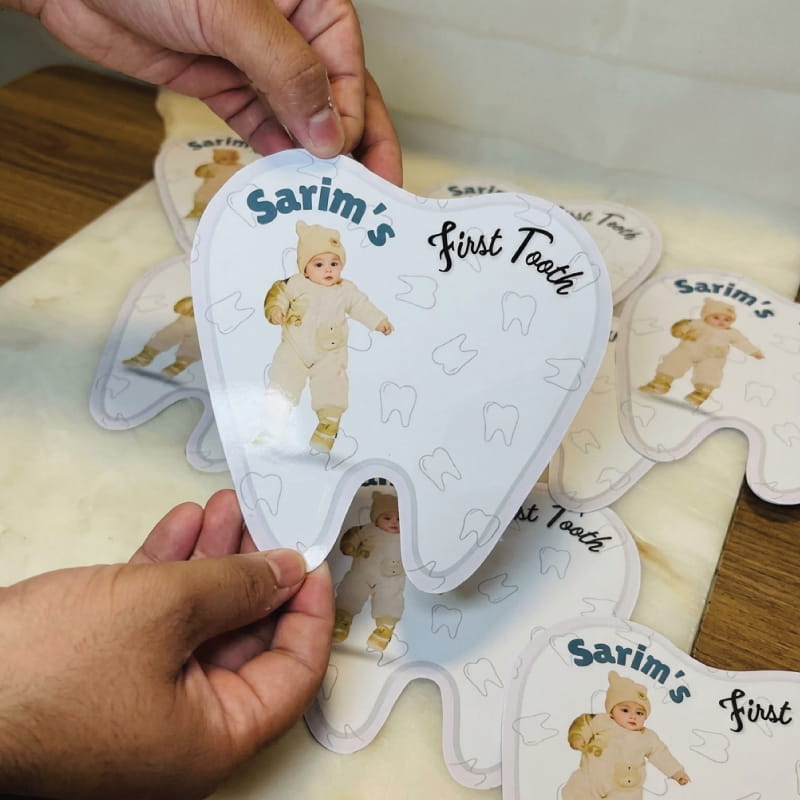 Baby First Tooth Announcement Card Attached to Gift Favor