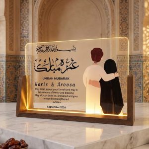 Customized Acrylic LED Umrah Mubarak Wooden Stand Gift Frame for Couple in Karachi Pakistan
