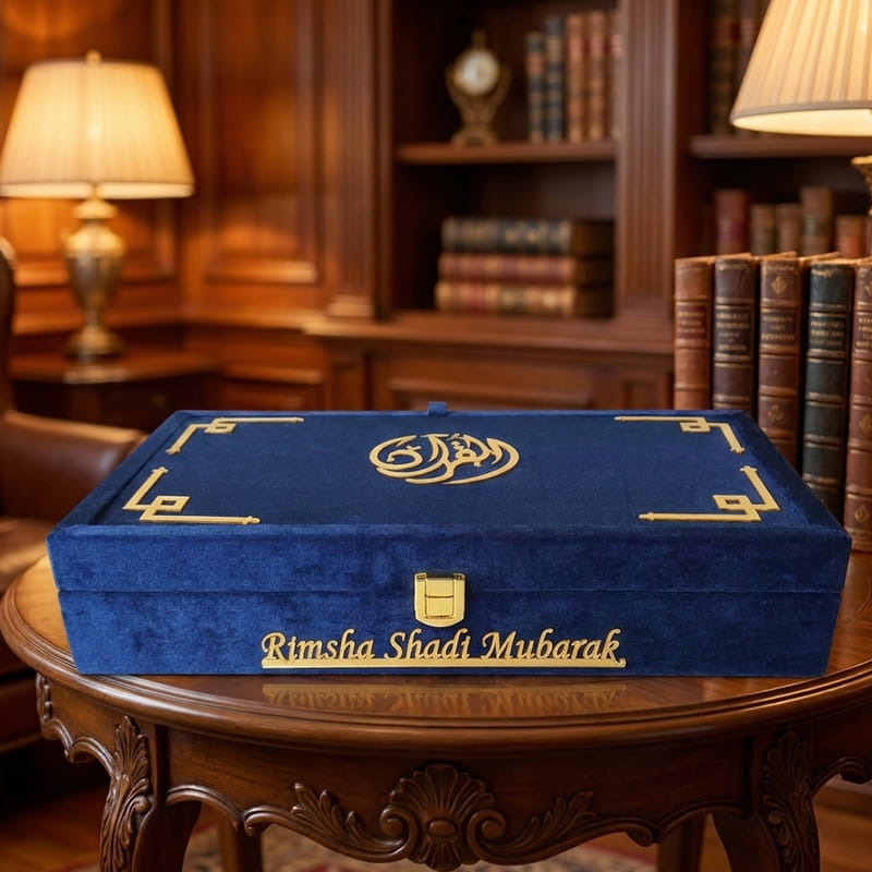 Custom Velvet Quran Cover & Box Set in royal blue with gold name plaque for Rimsha Shadi Mubarak