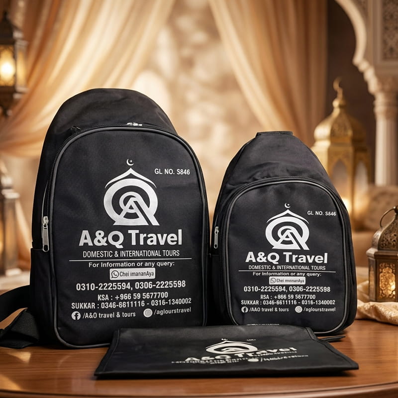 Side view of customized Ihram Travel Bag Set showing zippers and straps