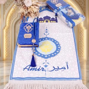 Personalized Kids Ihram & Janamaz Set with child name Amir and blue tasbih